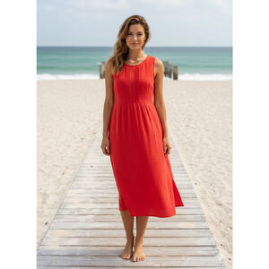 Karin Stevens Petites Red Pleated Bodice Midi Dress Size 10P Sleeveless Coastal